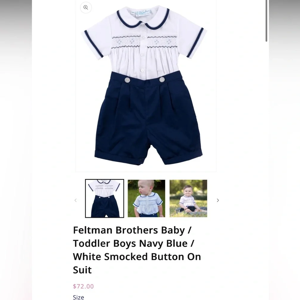 NWOT Feltman Brothers Navy & White smocked heirloom button on romper 18mo